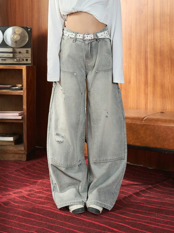 Alternative view of [DEAL MỞ BÁN] Quần Jean Double Knee Menta Ống Cong Form Rộng Nam Nữ, Jean Xám Khói Wash, Quần Denim Balloon Streetwear