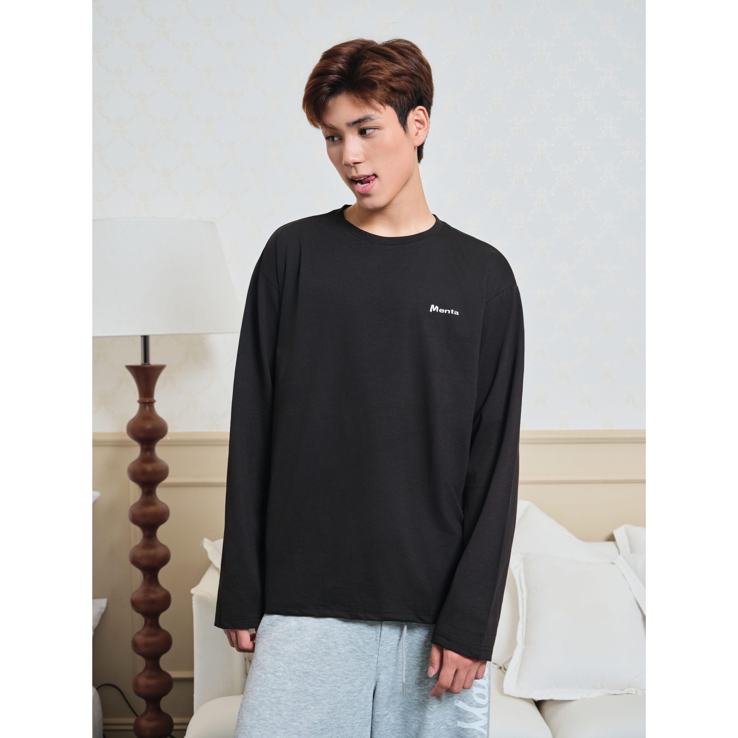 Áo Thun Nam/Nữ Dài Tay Menta Thun Xước Hàn Form Rộng Basic Longsleeve Cổ Tròn Co Giãn Thoáng Mát Logo In Cao Thành Phong Cách Hàn
