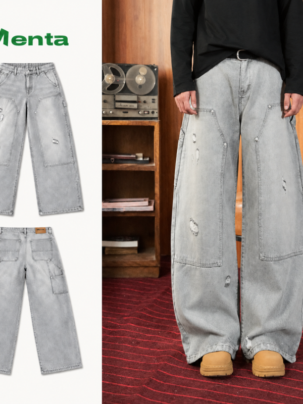 [DEAL MỞ BÁN] Quần Jean Double Knee Menta Ống Cong Form Rộng Nam Nữ, Jean Xám Khói Wash, Quần Denim Balloon Streetwear
