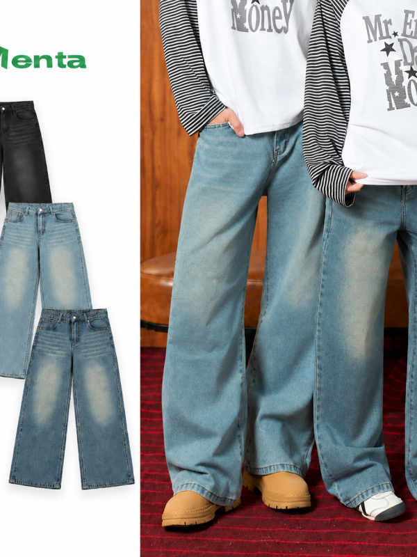 Quần Jean Ống Suông MENTA Unisex Nam Nữ Form Rộng Cạp Cao Jean Cotton Wash Vintage 3 Màu Phong Cách Streetwear