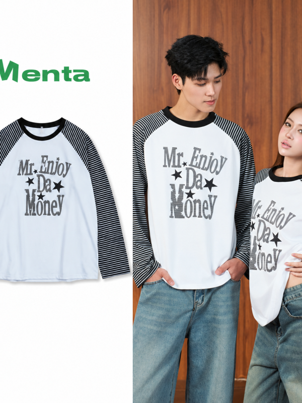 Áo Thun Dài Tay Nam Nữ MENTA Raglan Mr Enjoy Da Money Longsleeve Phối Tay Sọc Form Rộng, Cotton 2 Chiều Streetwear