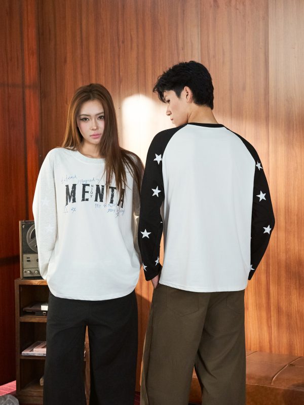 Alternative view of Áo Thun Dài Tay Nam/Nữ Unisex MENTA Raglan Phối Màu, Chất Liệu vải Cotton co giãn 4 chiều, Áo Long Sleeve Form Rộng Họa Tiết Ngôi Sao Phong Cách Streetwear Trẻ Trung